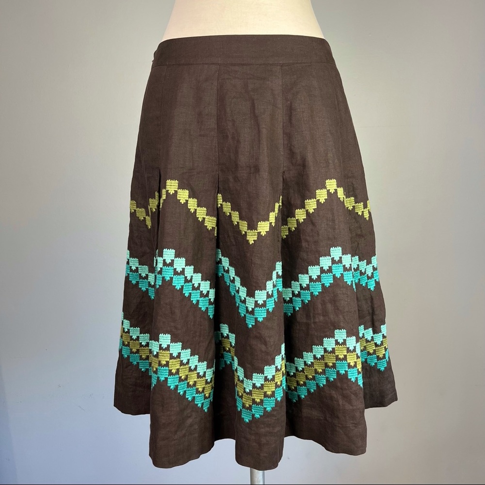 ANN TAYLOR LOFT Brown 100% Linen Embroidered Lined Midi Skirt - Size 4